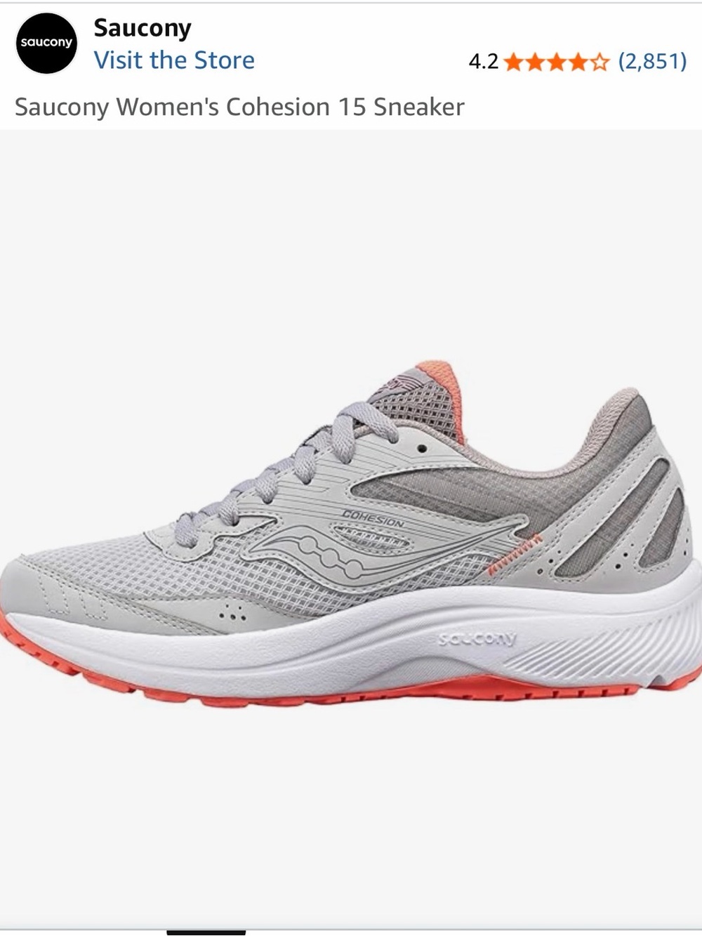 Saucony Women's Cohesion 15 Running Sneaker - Light Gray with Coral
